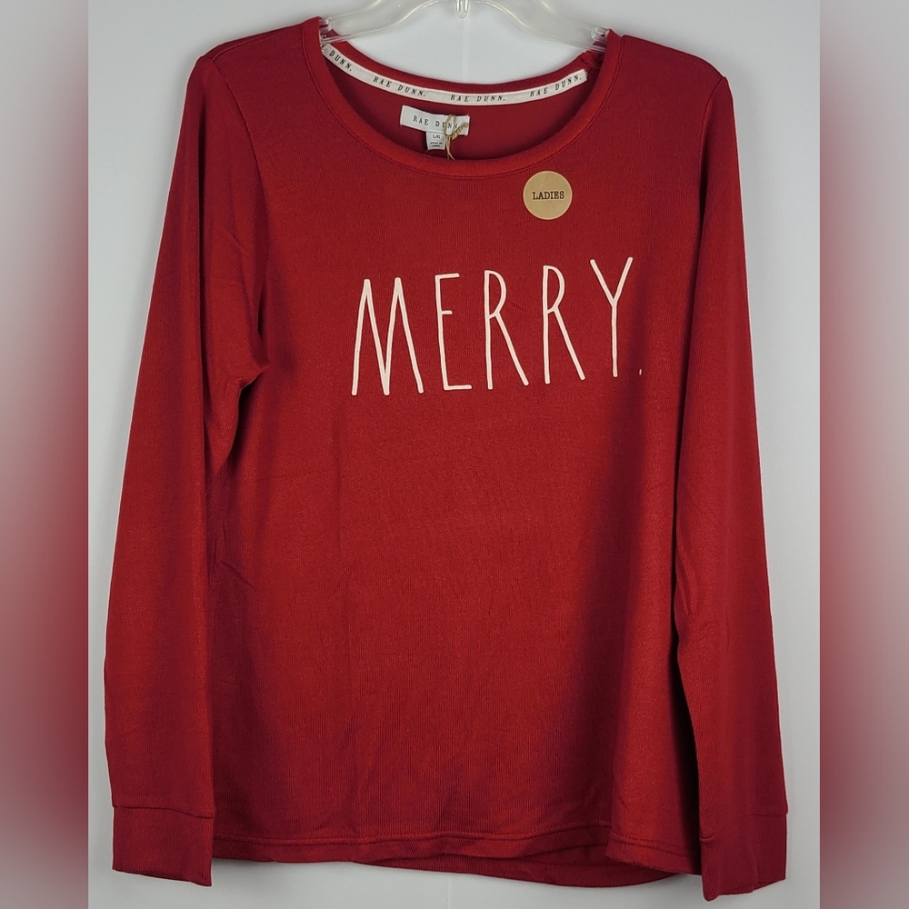 Rae Dunn Merry Red Scoop Neck Long Sleeve Shirt NWT Size L Lightweight